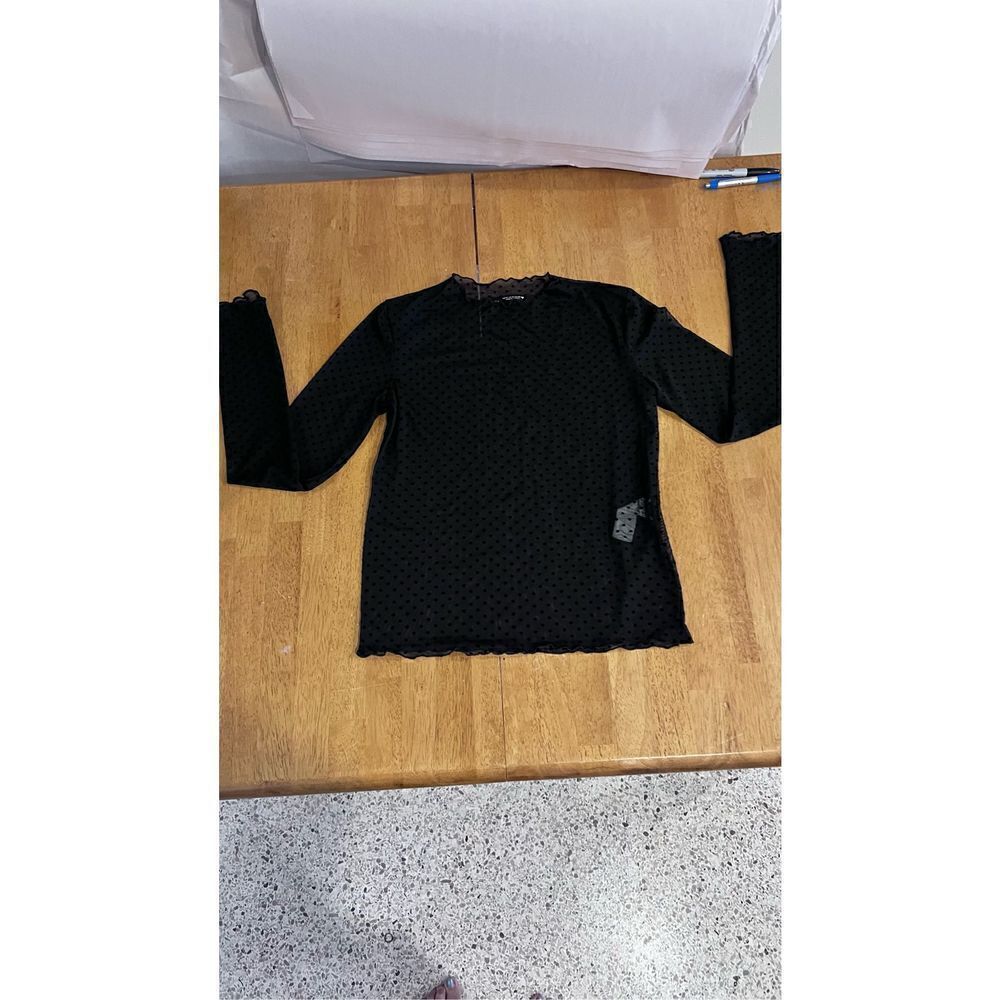 Zara Women's Mock Neck Lettuce Trim Polka Dot Mesh Top Blouse Black Size Small